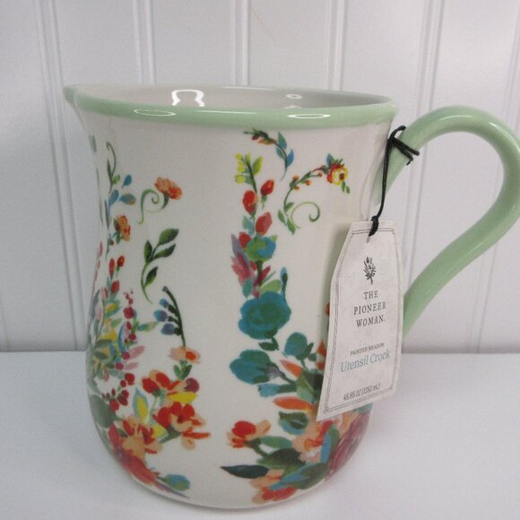 Pioneer Woman Utensil Holder Crock Pitcher Painted Meadow Floral Stoneware Green - Picture 1 of 12